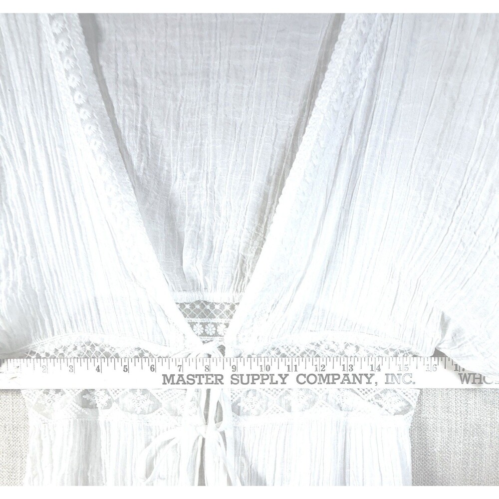 Maxi Crinkle Gauze Lace Inset Swim Cover Up Tie Front Boho Dress Duster White - Picture 3 of 3
